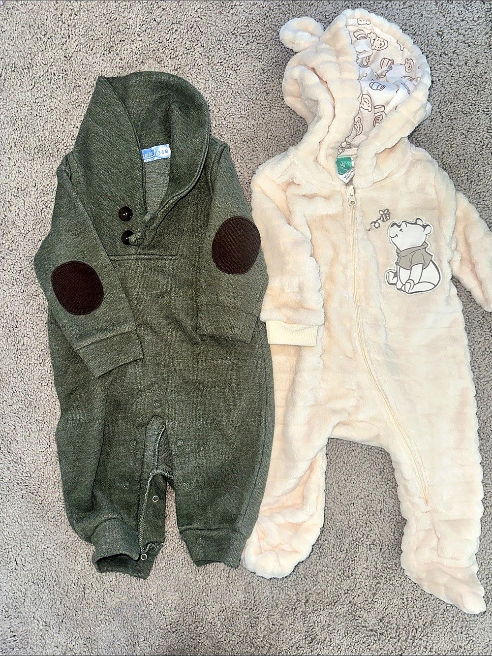 Baby Boys 3-6 month onesie, Disney Winnie the Pooh, green with brown elbow patch